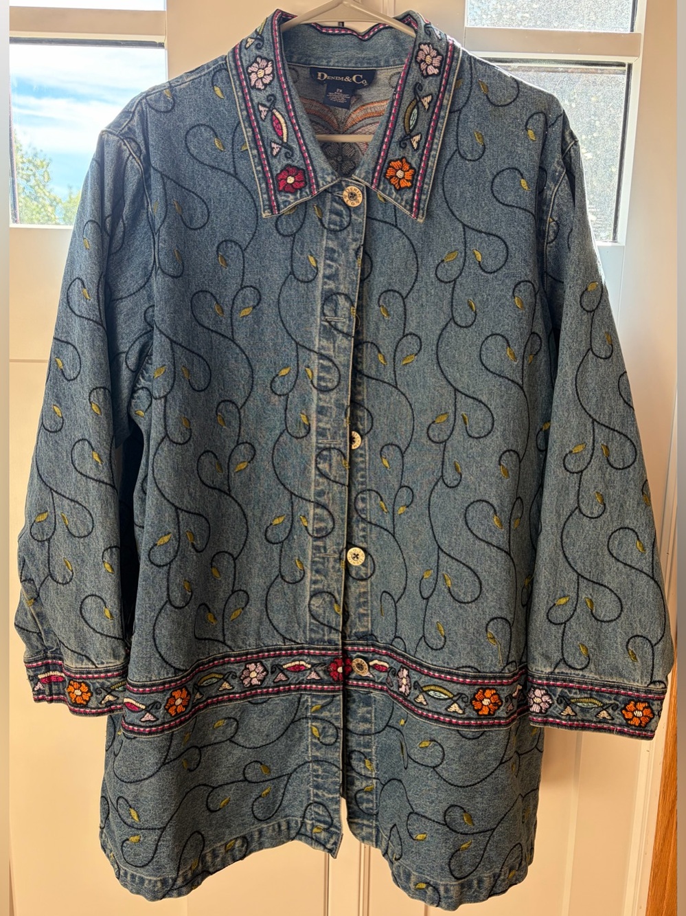 Vintage Jean Jacket Embroidered Blue Denim Multicolor Floral Boho Barn Coat 2X